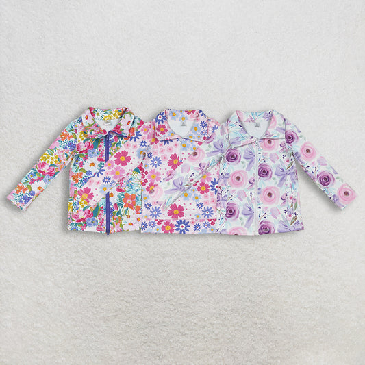 Sibling Baby Girls Yoga Active Pullover Top with Zipper Pockets Floral Bows Design in Purple Pink Blue Daisy Colors