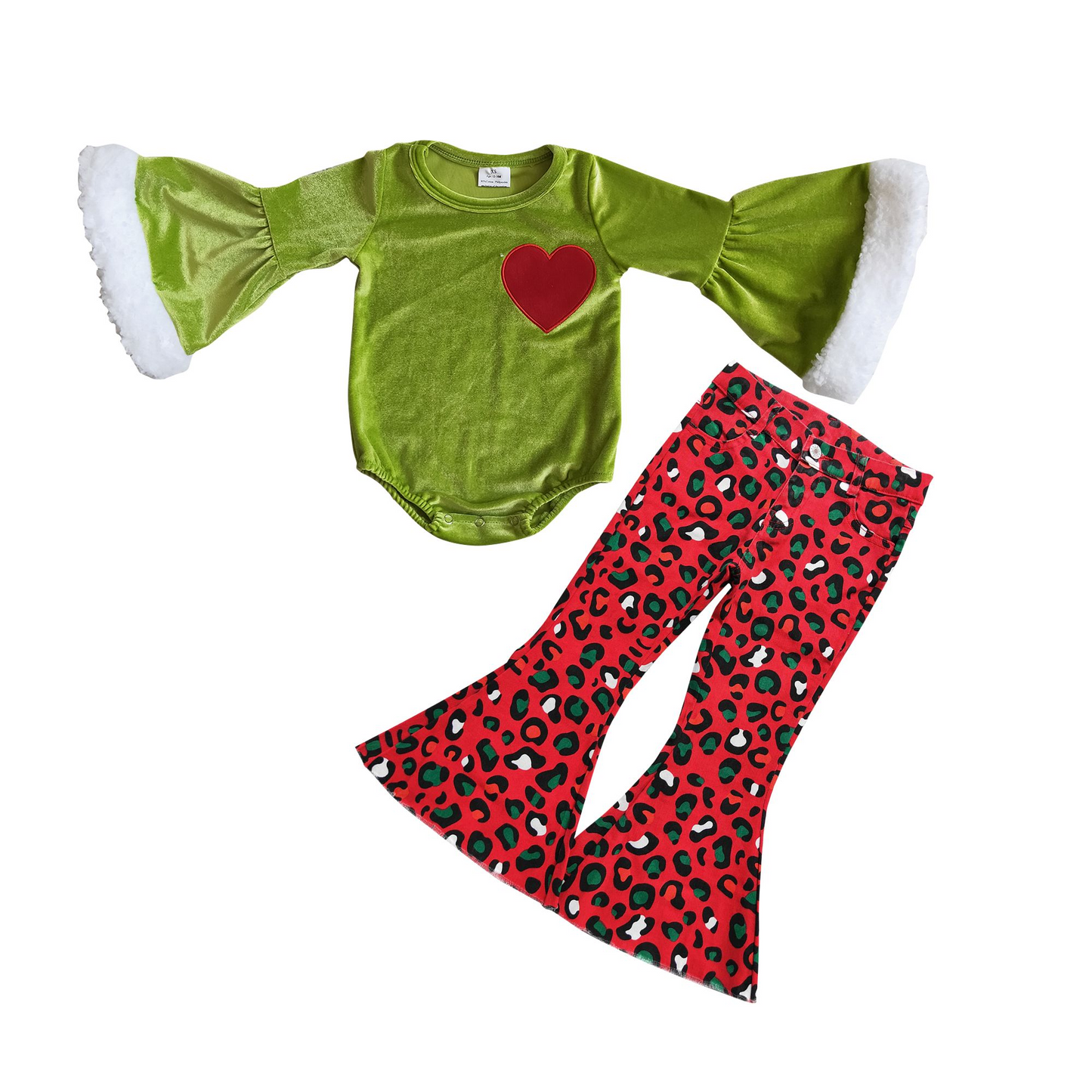 Heart green face romper 6 A4-4 red leopard denim pants P0229 girls Christmas outfits
