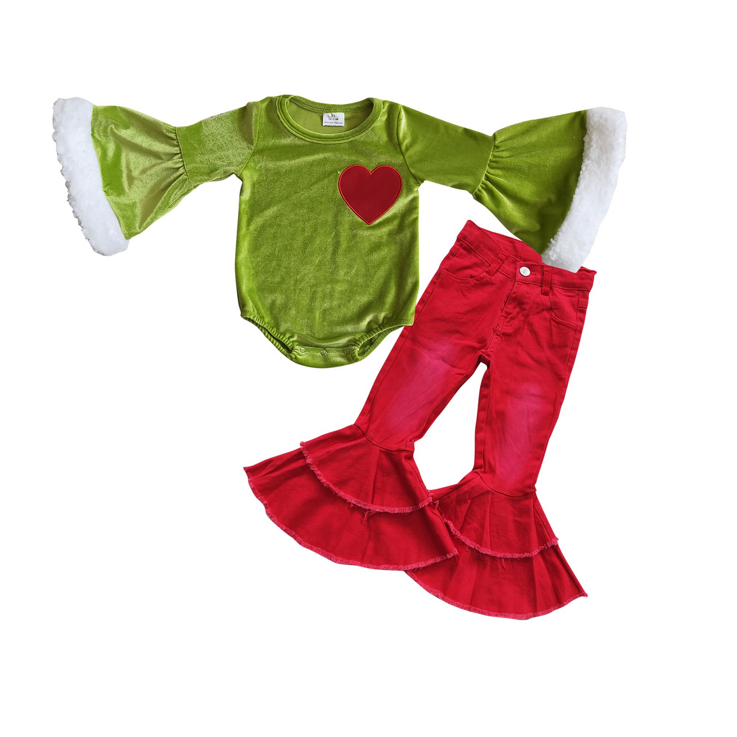 Heart green face romper 6 A4-4 red denim pants P0006 girls Christmas outfits
