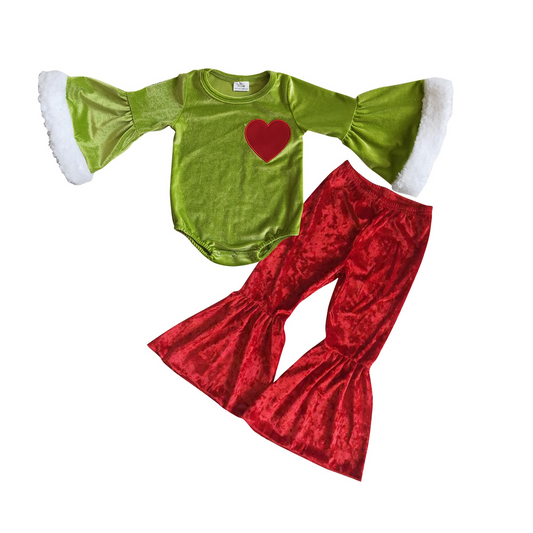 GLP0764 Heart embroidery green face romper 6 A4-4 red velvet pants B3-11 girls Christmas outfits