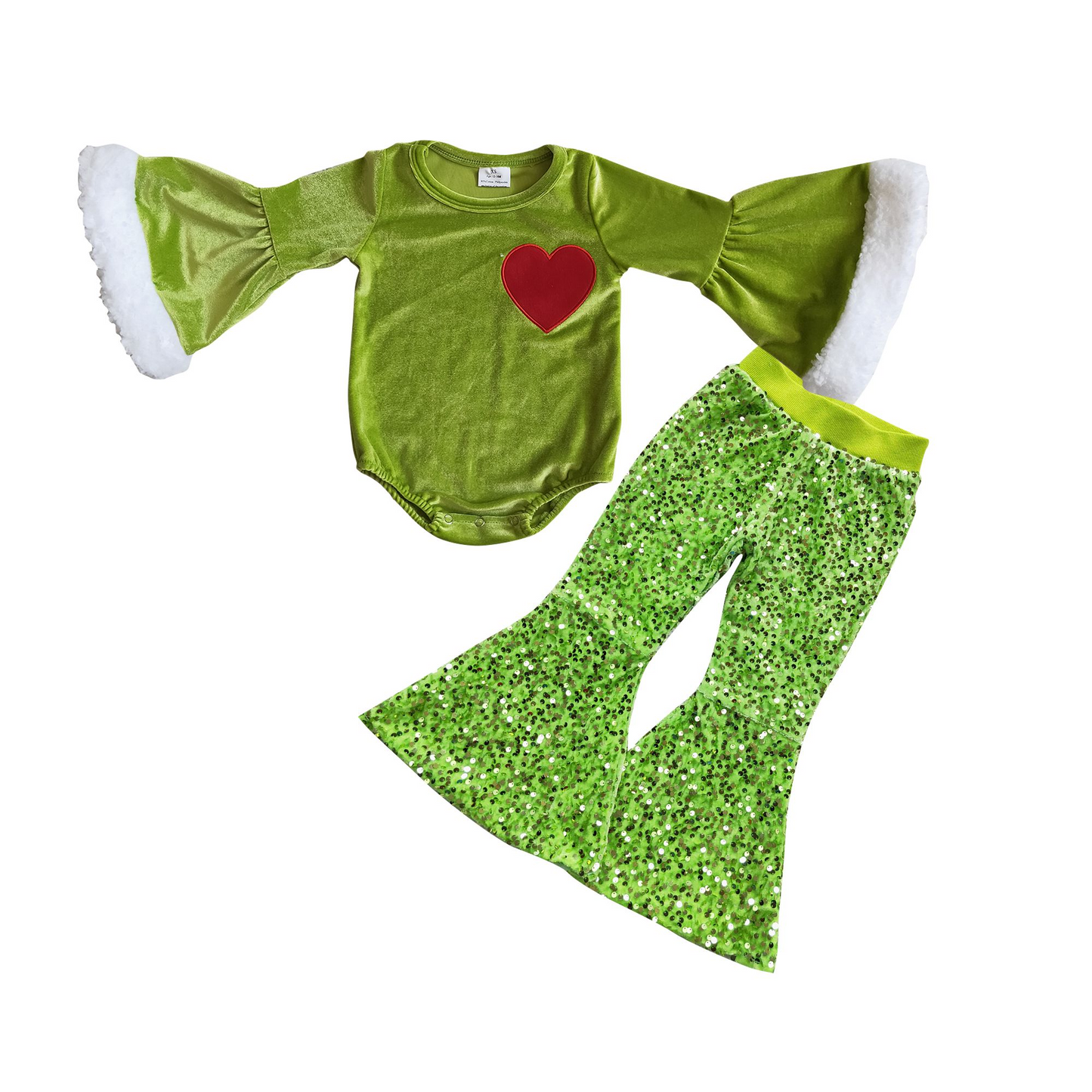 Heart embroidery green face romper 6 A4-4 green sequin pants P0148 girls Christmas outfits