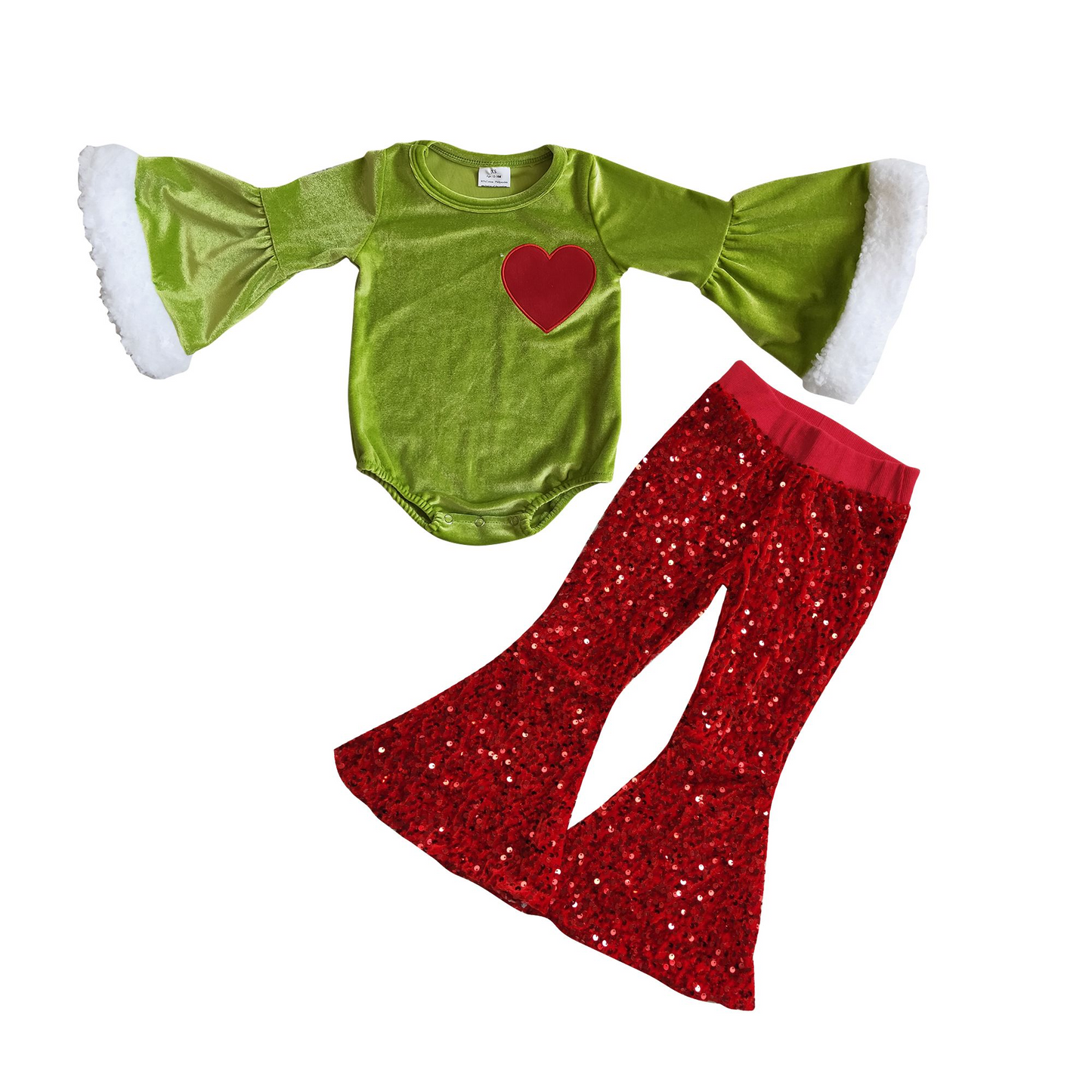 Heart embroidery green face romper 6 A4-4 red sequin pants B4-11 girls Christmas outfits