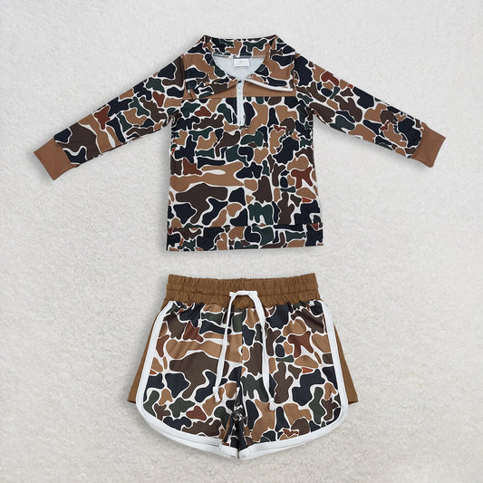 Baby Boys Fall Camouflage Long Sleeve Zip Pullover Top Dark Brown Southern Style Girls Camouflage Shorts Bottom Set