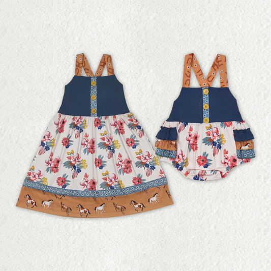 Match Baby Girls Western Horse Flowers Sibling Sister Rompers Dresses