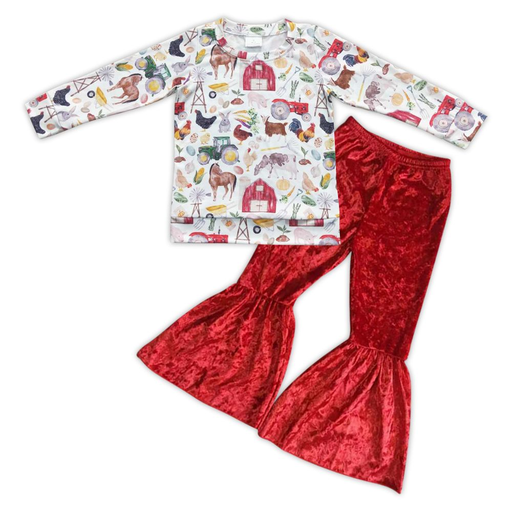 Baby Girls Farm Animal Top Red Velvet Pants Outfit
