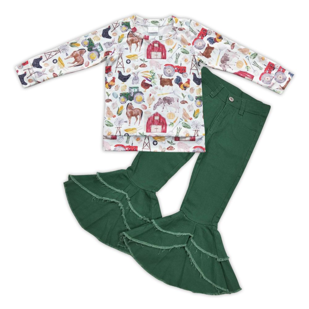 Kids Girls Farm Animal TopBT0304 + Green Denim Double Ruffle Pants P0171 Outfit