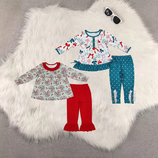 Match Christmas Bow Pattern Polka Dot Lace Long Sleeve Pants Set D 5.26