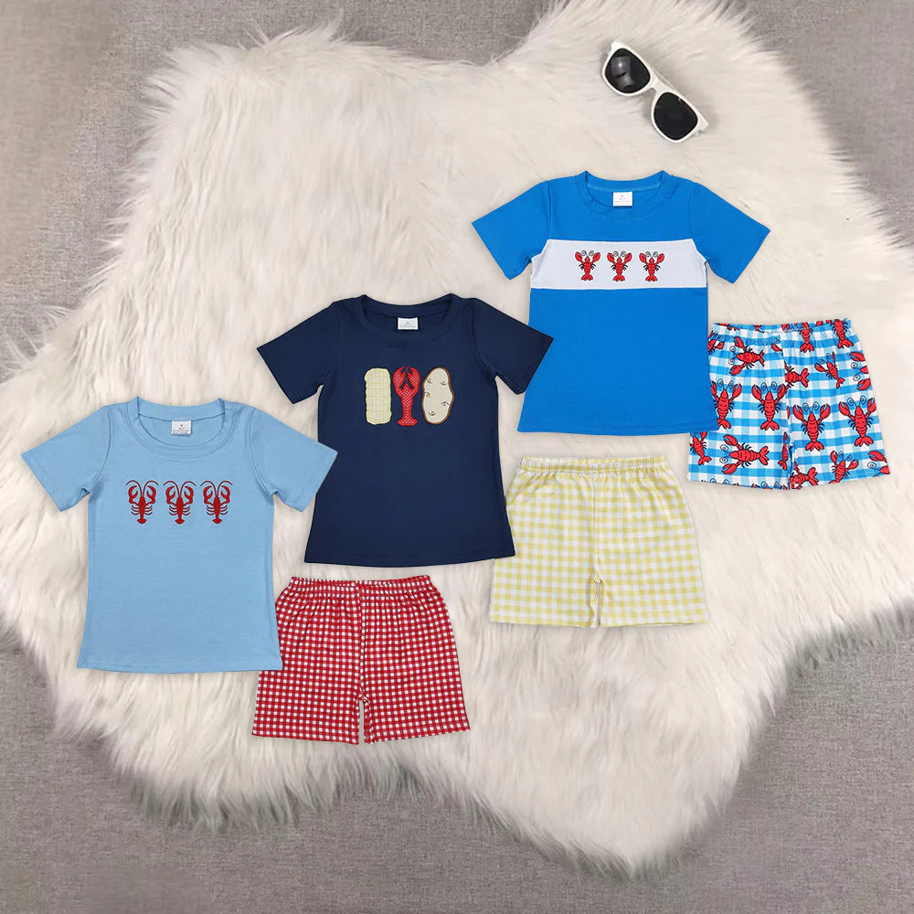 Match Embroidery Baby Boys Crayfishes Short Sleeve Tops Shorts Clothing Sets  D 5.22