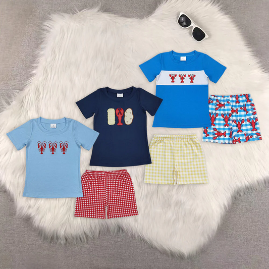 Match Embroidery Baby Boys Crayfishes Short Sleeve Tops Shorts Clothing Sets D 5.22