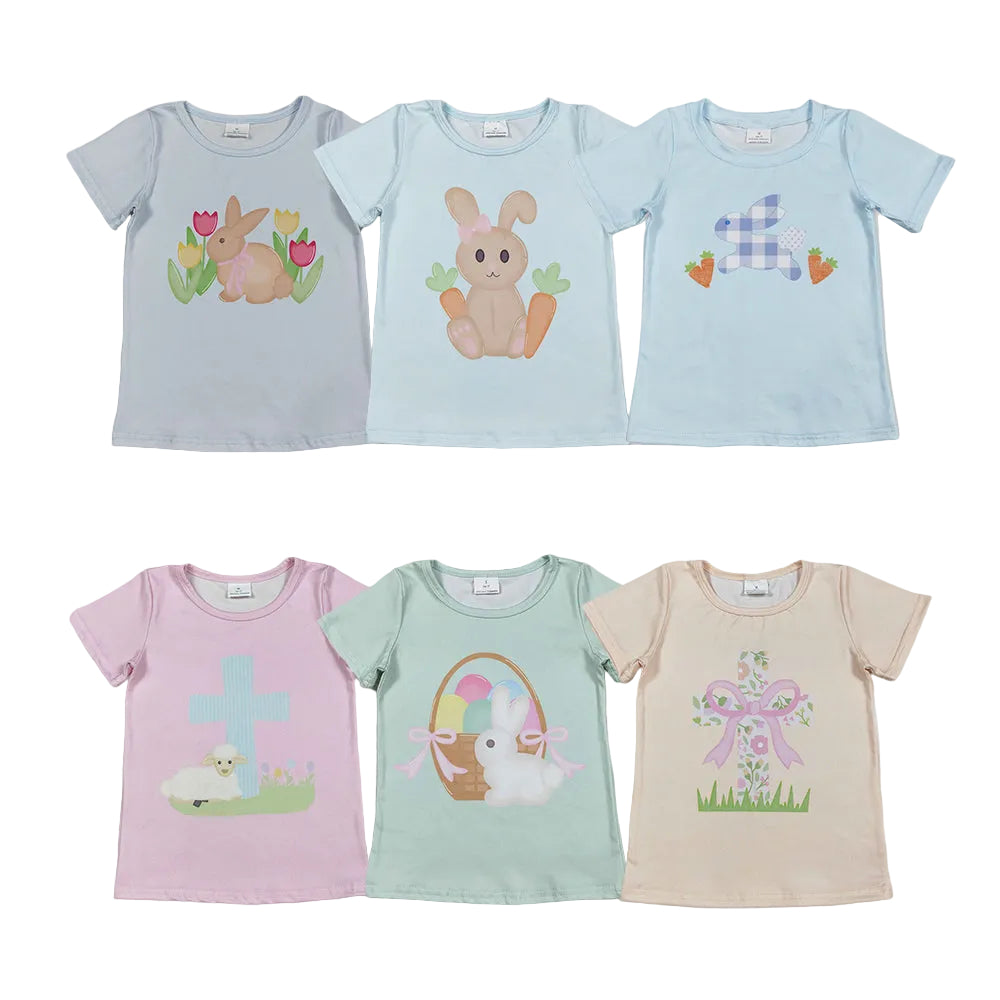 Sibling Baby Girls Short Sleeve T-shirt Easter Themed with Cross Rabbits And Flowers Tops for Spring