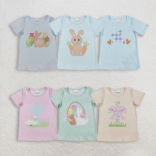Sibling Baby Girls Short Sleeve T-shirt Easter Themed with Cross Rabbits And Flowers Tops for Spring