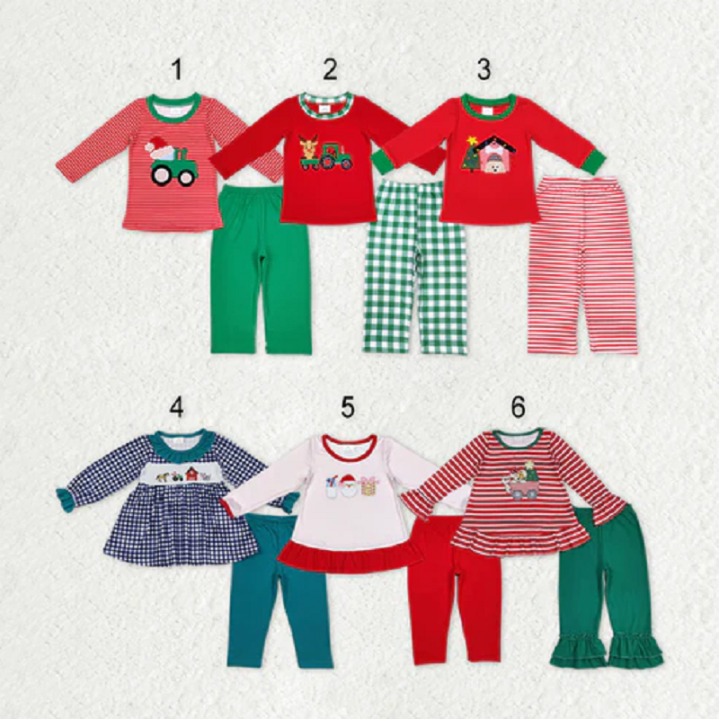 Sibling Baby Boys Girls Embroidery Trucks Santa Milks Top Pants Christmas Clothes Sets  D 1115