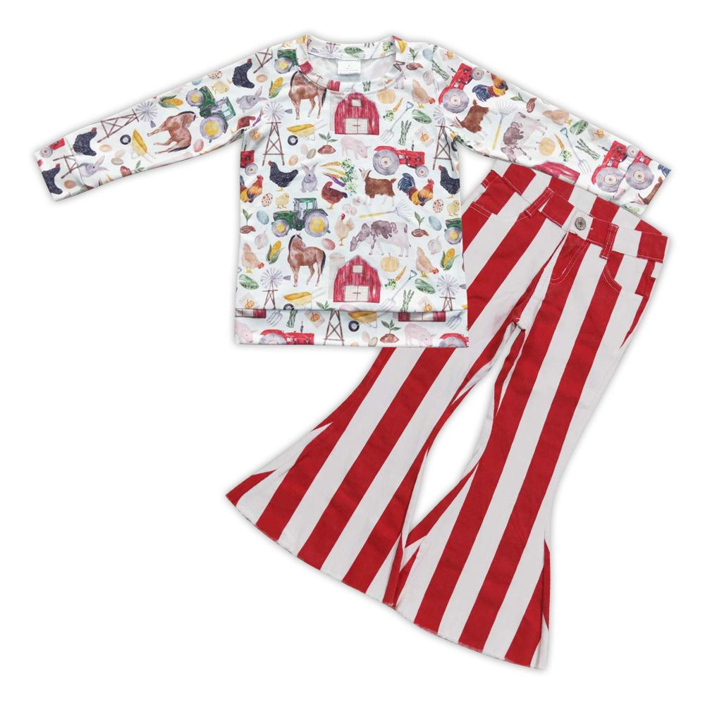 Kids Girls Farm Animal TopBT0304+ Red Striped Denim Pants P0246Outfit