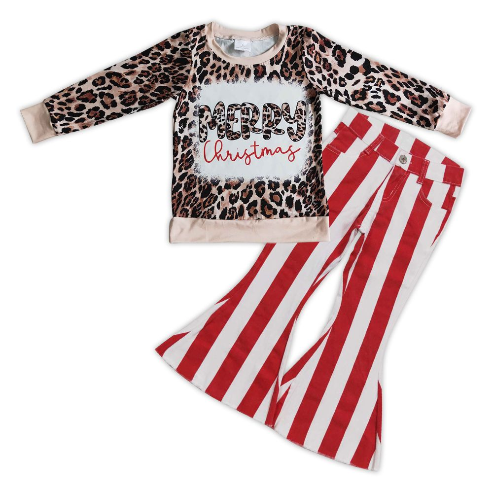 merry christmas lettered leopard print long sleeve red and white striped denim trousers suit