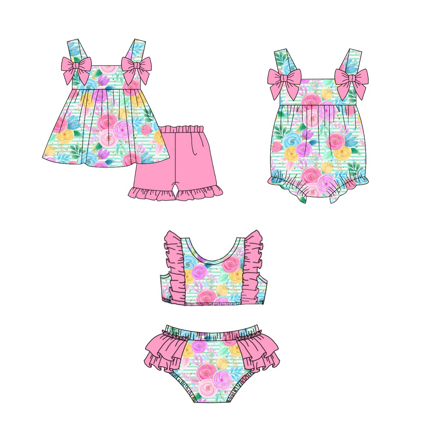 GSSO1007 Colorful floral striped pink bow sleeveless shorts suit