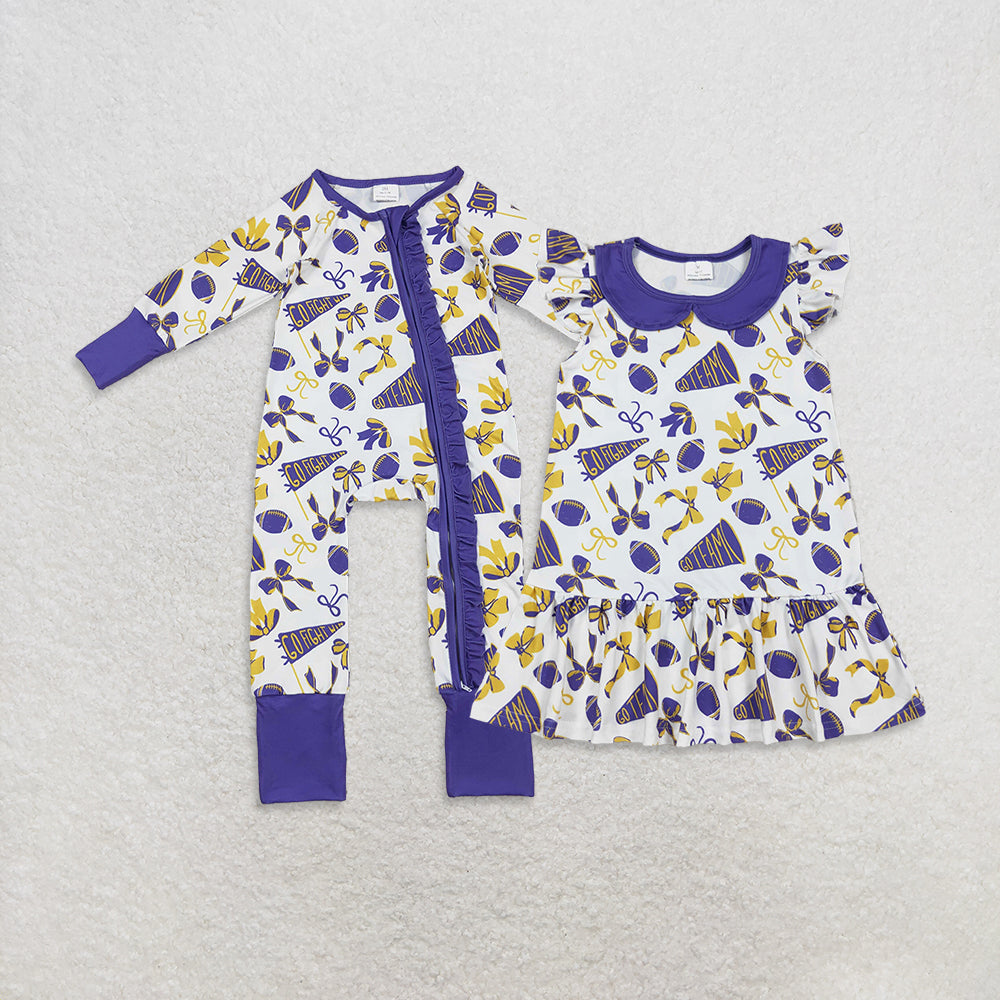 Sibling Baby Girls Purple Bows Footballs Go Team Ruffle Zipper Romper Knee Length Dress  D 929