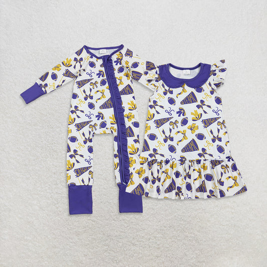 Sibling Baby Girls Purple Bows Footballs Go Team Ruffle Zipper Romper Knee Length Dress D 929