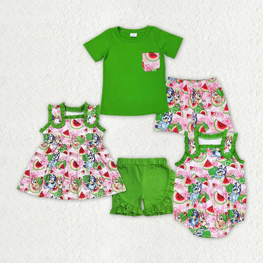 Match Baby Girls Watermelon Dogs Sibling Brother Rompers Clothes Sets