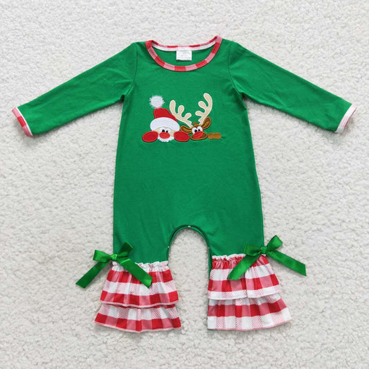 LR0395 Santa Claus Embroidered Reindeer Plaid Lace Green Long Sleeve Bodysuit