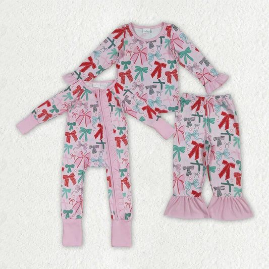 Sibling Baby Girls Pink Colorful Bows Rompers Pajamas Sets  D 7.7