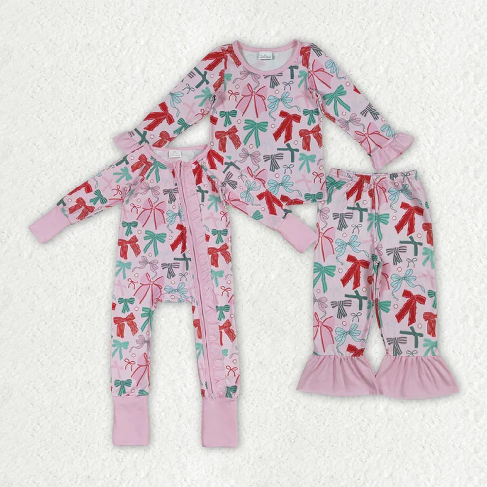 Sibling Baby Girls Pink Colorful Bows Rompers Pajamas Sets  D 7.7