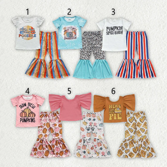 6 Styles Fall Pumpkin Print Bell Pants Girls Clothes Set Sisters Wear D 6.21