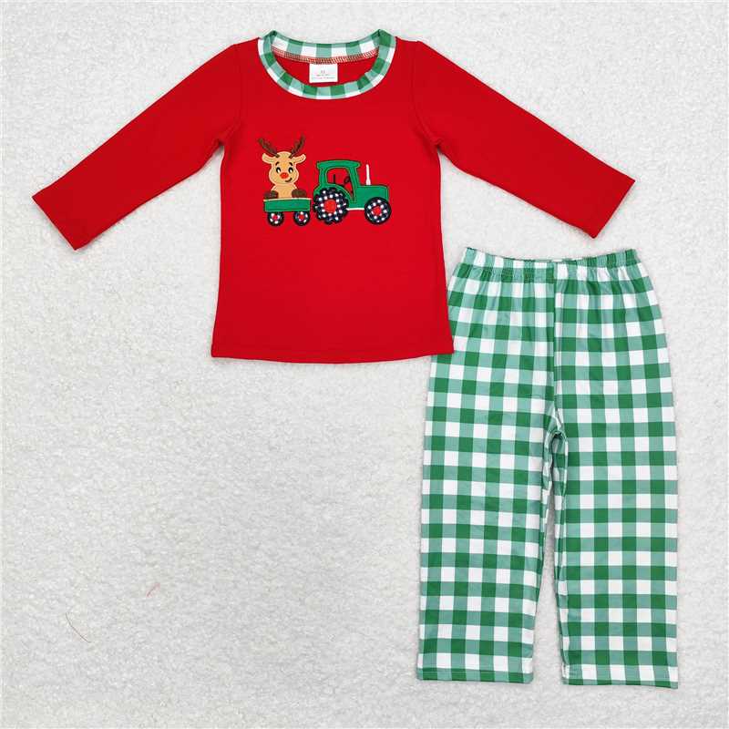 Sibling Baby Boys Girls Embroidery Trucks Santa Milks Top Pants Christmas Clothes Sets  D 1115