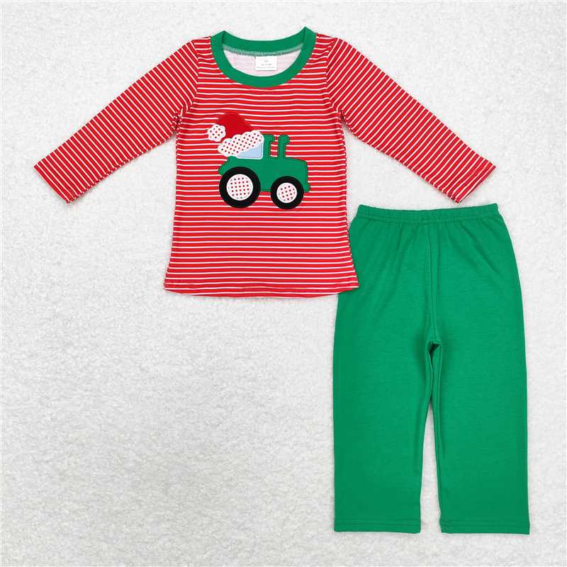 Sibling Baby Boys Girls Embroidery Trucks Santa Milks Top Pants Christmas Clothes Sets  D 1115
