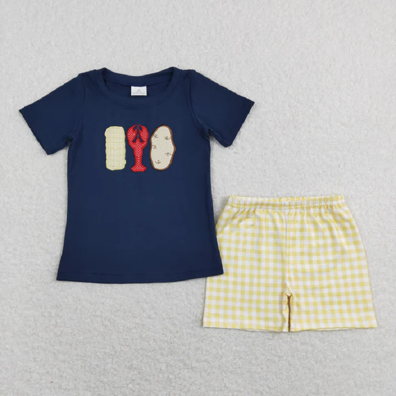 Match Embroidery Baby Boys Crayfishes Short Sleeve Tops Shorts Clothing Sets  D 5.22