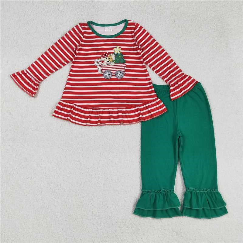 Sibling Baby Boys Girls Embroidery Trucks Santa Milks Top Pants Christmas Clothes Sets  D 1115
