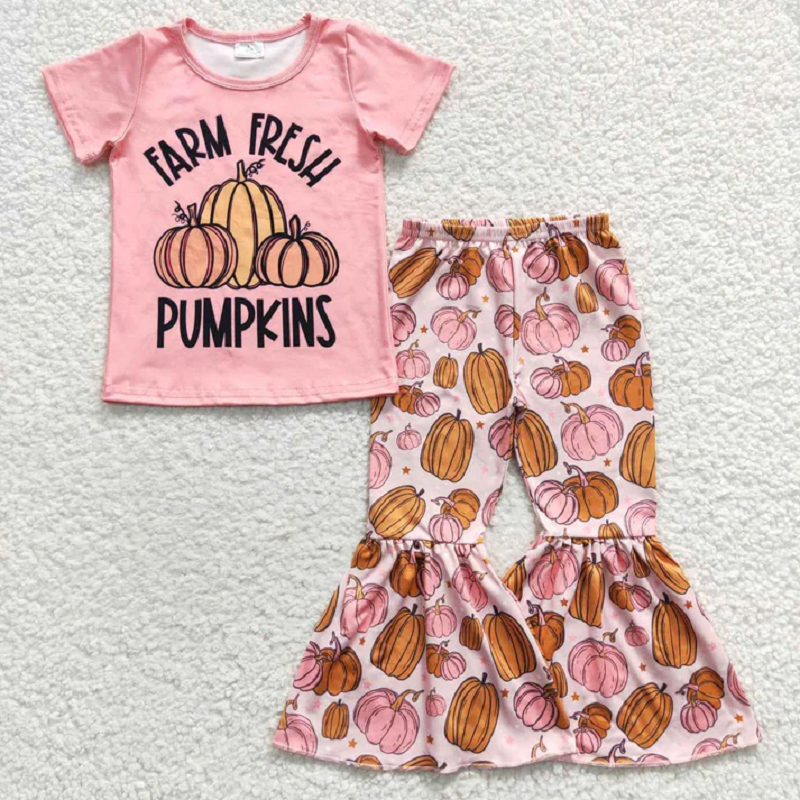 6 Styles Fall Pumpkin Print Bell Pants Girls Clothes Set Sisters Wear D 6.21