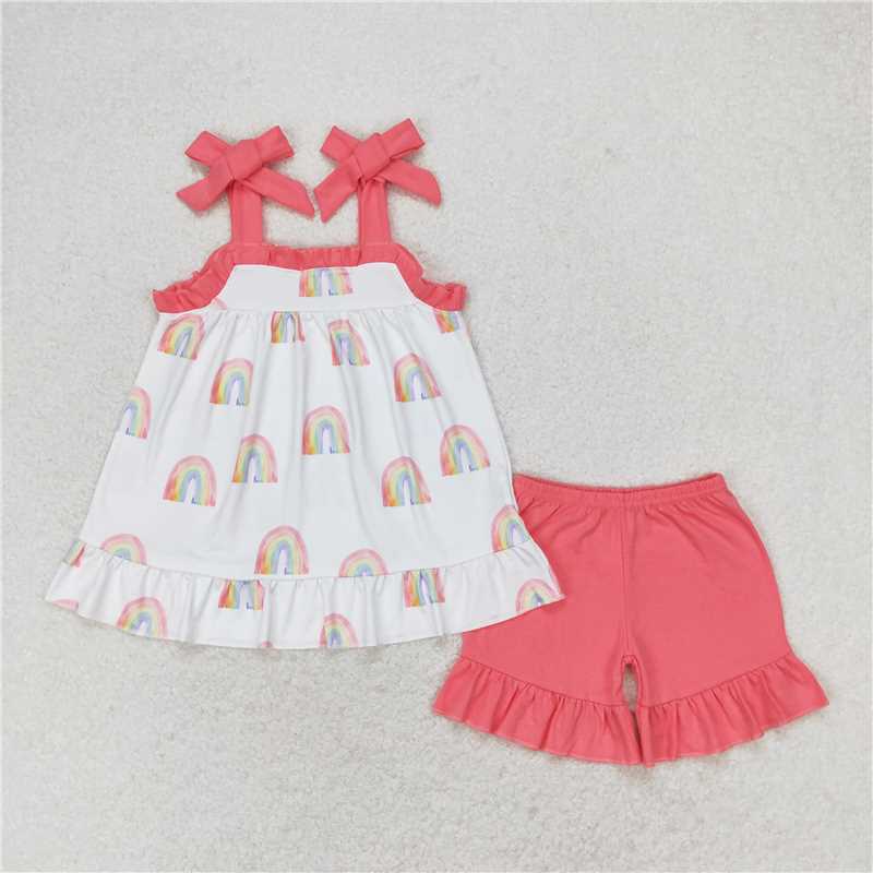 Baby Girl Rainbow Straps Tunic Top Ruffle Shorts Clothes Sets