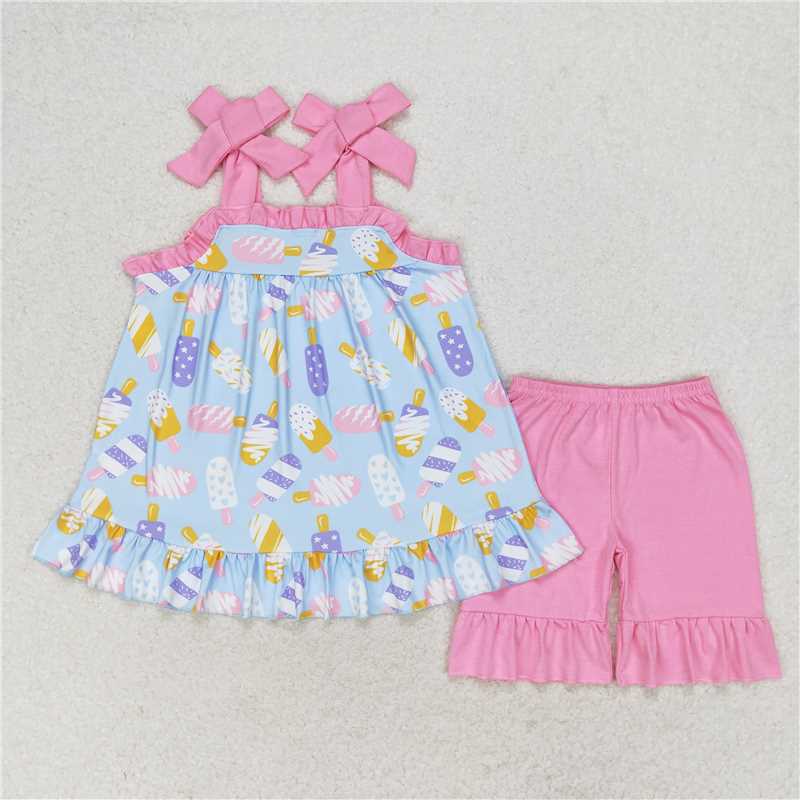 Baby Girl Rainbow Straps Tunic Top Ruffle Shorts Clothes Sets