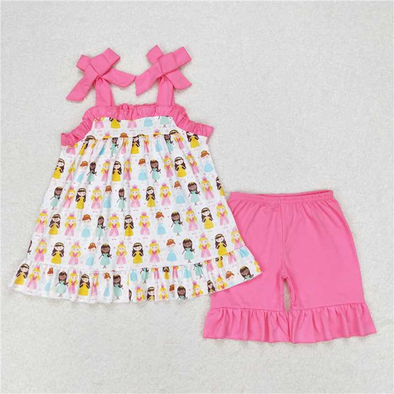 Match Baby Girls Princess Rainbow Straps Tunic Top Ruffle Shorts Clothes Sets  D 4.19