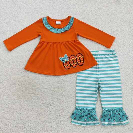 GLP0721 Embroidered boo lettering lace orange long-sleeved blue and white striped suit
