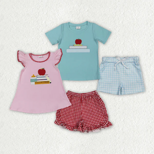 Match Embroidery Baby Girls Boys Apple Back To School Books Outfits Sets D 6.13