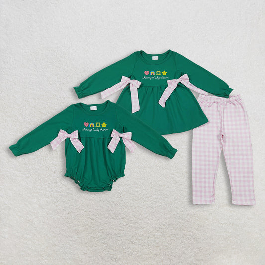 Sibling Baby Girls St. Patrick's Day Outfit Set with Embroidered Clovers Bows Tunic Top And Ruffle Rompers with Pants