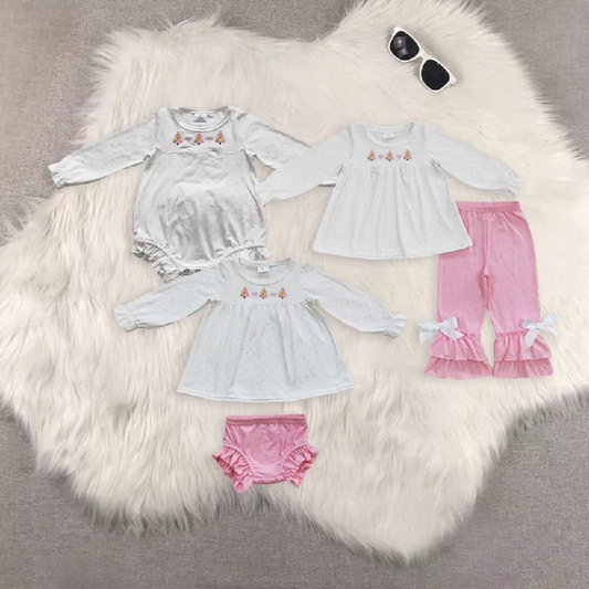 Sibling Baby Girls Pink Christmas Trees Tunic Ruffle Pant Bummies Outfits Clothes Sets Rompers D 6.16