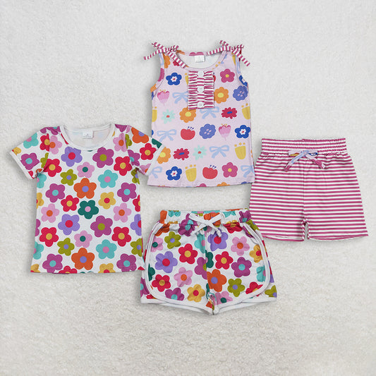 Sibling Baby Girls Colorful Flowers Button Top And Stripe Shorts Outfit Set Cute Clothing Ensemble for Infants