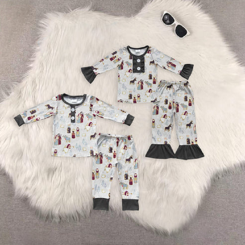 Sibling Baby Kids Gray Christmas Nativity Pajamas Sets  D 1103