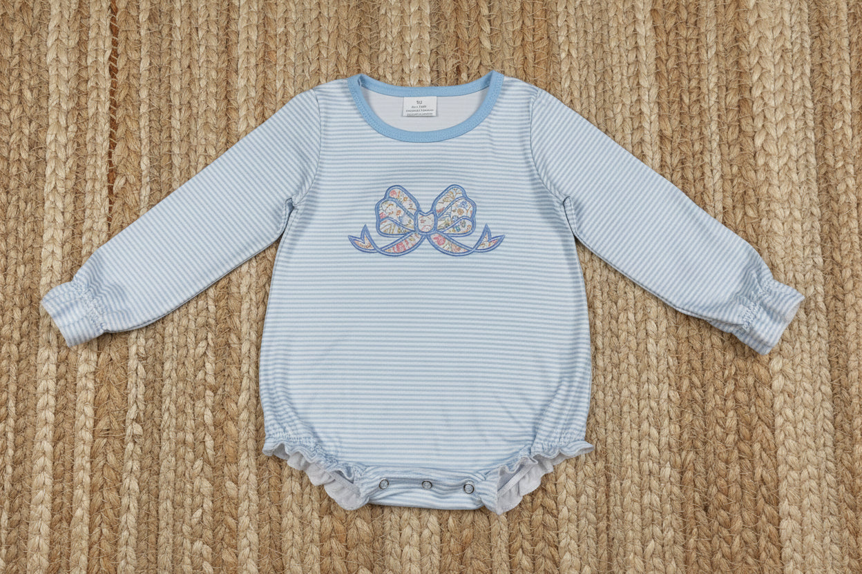 LR2917 long sleeve coquette embroidery blue striped romper