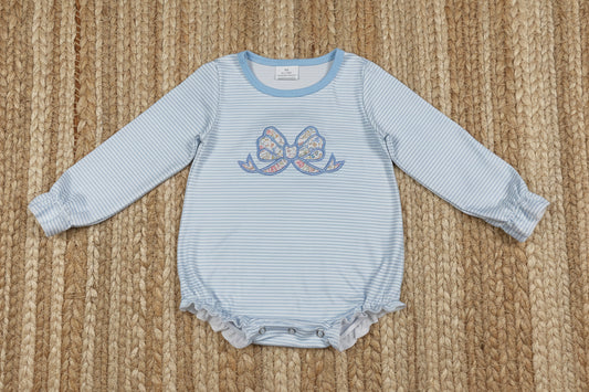 LR2917 long sleeve coquette embroidery blue striped romper