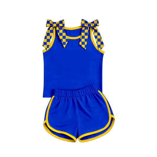 Custom order MOQ 3 Rashae bows checkered blue and yellow shorts set