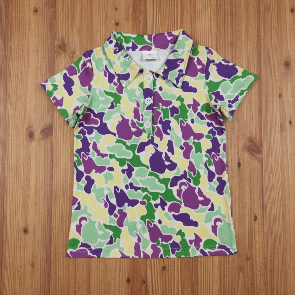purple green gold camo button up polo t-shirt mardi gras boys top