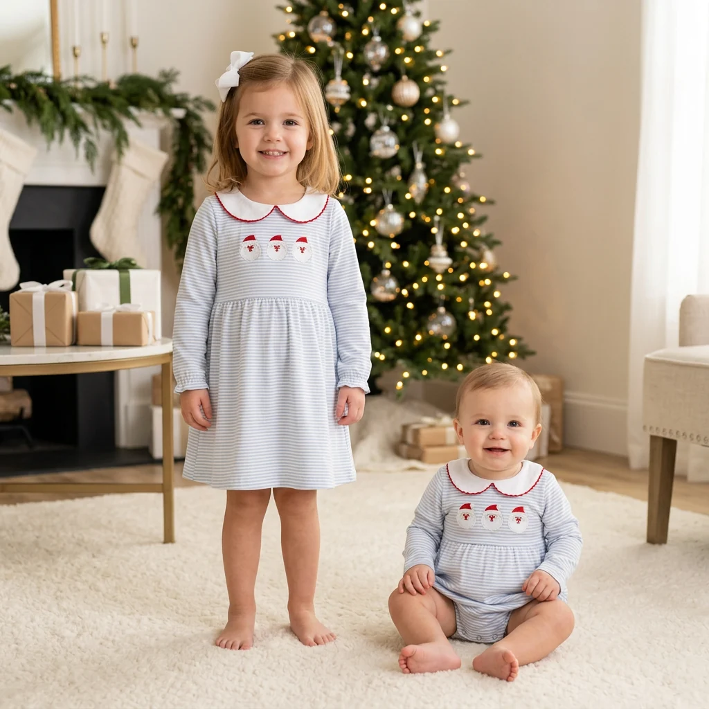 Matching Baby girls Christmas Santa blue stripe long sleeve collar clothing embroidery