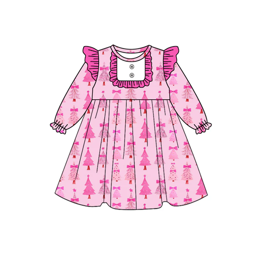Custom Baby Girls Christmas Pink Trees Knee Length Dresses D 8.13