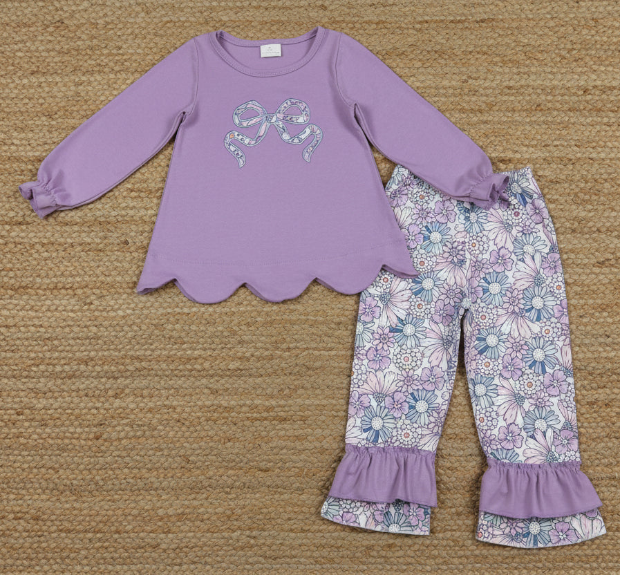 purple flower coquette embroidery floral ruffle pants set