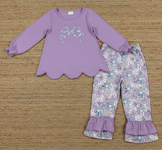purple flower coquette embroidery floral ruffle pants set