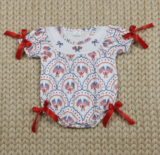 SR3887 patriotic flag and coquette embroidery girl romper