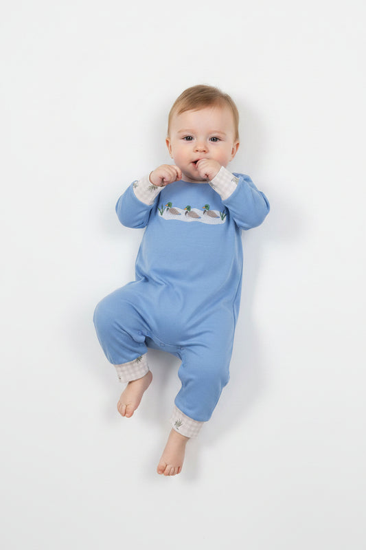 blue long sleeve duck embroidery boy romper